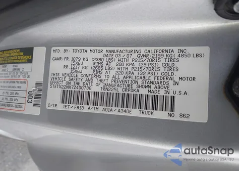 2007 Toyota Tacoma z USA, uszkodzony, nr VIN 5TETX22NX7Z400736